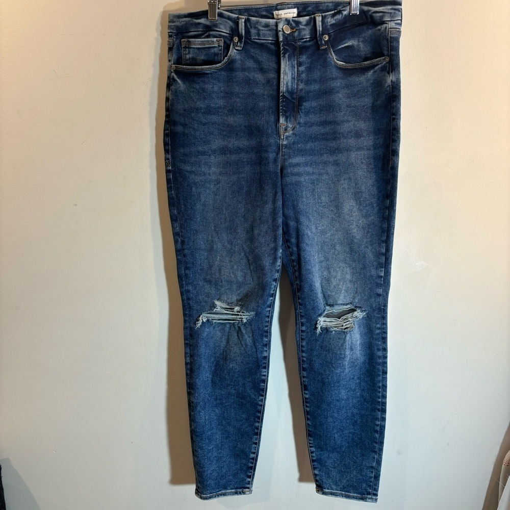 GOOD AMERICAN Sz 14-18 Jeans Always Fits Distressed Wiskering Mid-Wash High Rise